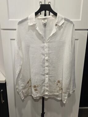 Norm Thompson 100% Linen Blend Top Shirt Cream Floral Embroidered Womens Large